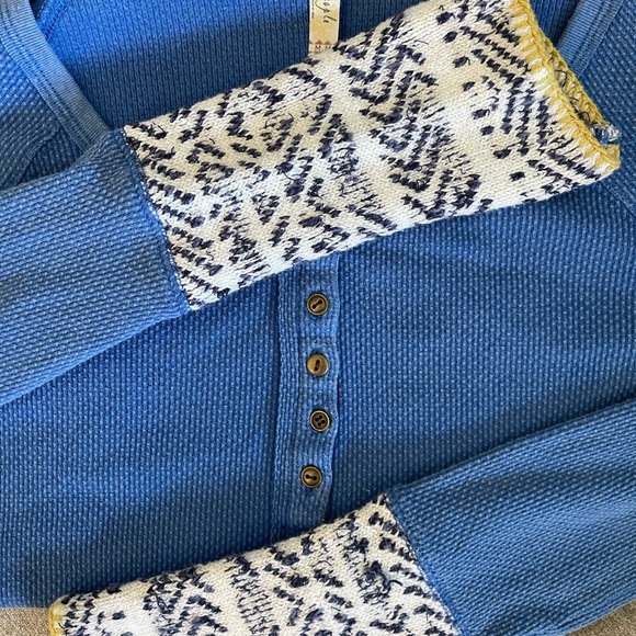 Free People blue long sleeve with Aztec sleeves. Medium, like new. - Picture 4 of 5